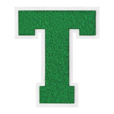 Imagem de 1 peça de patch de letra de chenille verde de 15 cm com borda branca – adesivos do alfabeto para roupas, jaquetas, mochilas, chapéus para decoração personalizada, nome personalizado e artesanato. (T)