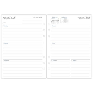 Imagem de newestor Refil de agenda semanal 2026 para fichário A5, 6 furos, semana em duas páginas, 14,7 x 21 cm