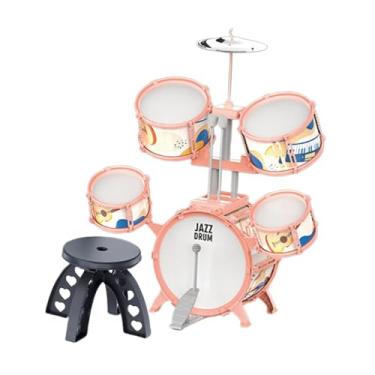 Imagem de Milageto Conjunto de bateria infantil para crianças, iluminação musical, de 4 a 14 anos, com baquetas, banco para atividades de percussão em concerto, Borda Laranja