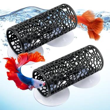 Imagem de 2 peças de túnel e rede de peixes Betta, caverna esconderijo de aquário com ventosas – área oca segura de descanso e lazer, abrigo de tubo de esconderijo para decoração de aquário para bettas, guppies