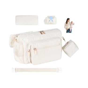 Imagem de Rexmore Pochete para fraldas com trocador portátil, cintura transversal ajustável para mulheres, Off White, 11 x 3.15 x 7.87 inches, Bolsa de fraldas pequena moderna