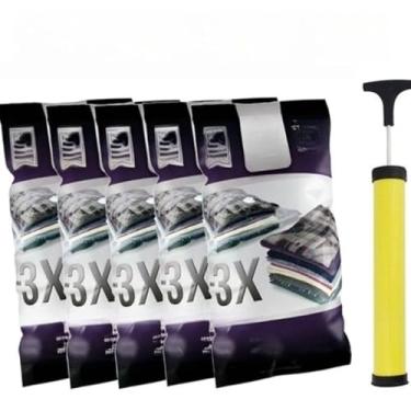 Imagem de Kit 10 Saco a Vácuo 50x60 + Bomba Manual Organização de Roupas Mala Viagem Guarda Roupas(KIT 5 UNIDADES,SEM BOMBA DE AR)