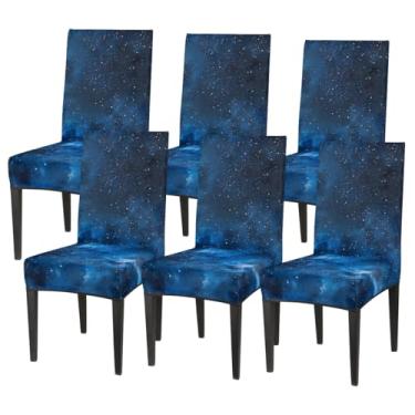 Imagem de hongjinglin Conjunto de 6 capas elásticas para cadeira de sala de jantar, capa protetora de assento de galáxia, nebulosa, espaço azul, lavável, removível, para cozinha, casa, hotel, banquete, festa de