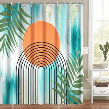 Imagem de Cortina de chuveiro moderna boho azul-petróleo para banheiro abstrato minimalista conjunto de decoração de banheiro folhas verdes arco laranja cortinas de banheira lavável na máquina tecido de