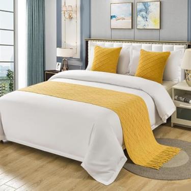 Imagem de Cachecol de cama de cor sólida com borla, caminho de sofá de tecido decorativo, costura resistente, resistente ao desbotamento, antiderrapante, perfeito para estilo de quarto de hóspedes - amarelo ||