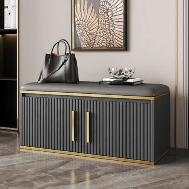 Imagem de Yadlan Banco de sapato moderno, armazenamento de banco de entrada com almofada de assento acolchoada, prateleira ajustável, banco de armazenamento de sapatos para entrada, sala de estar, quarto preto