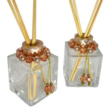 Imagem de Kit 4 Frascos de Vidro Cubo 100ml para Difusor de Ambiente Luxo com Pingentes Decorativos e 16 Varetas – Tampas Douradas, Prata, Rose ou Preto(ROSE)