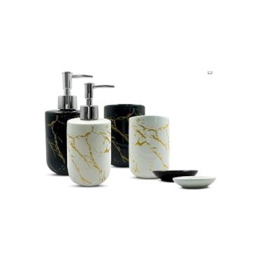 Imagem de Kit de Banheiro 3 Peças em Porcelana Branca com Textura Arabesco, Porta Sabonete Líquido, Porta Escovas, Saboneteira