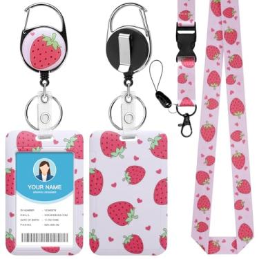 Imagem de Soleebee Porta-crachá de identificação com cordão, crachás de identificação de morango rosa fofos e cordão destacável, chaveiro retrátil, carretel de crachá resistente para enfermeiras, estudantes