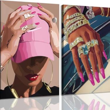 Imagem de 2 peças emolduradas meninas negras afro-americanas decoração de arte de parede mulheres rosa e cinza pinturas abstratas moda mulheres negras quadros pôsteres para sala de estar quarto banheiro