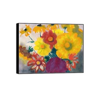 Imagem de BMZFYBS Pintura de arte de parede de flores - imagem de decoração vintage - vermelho azul flores amarelas 3-impressões em tela moldura preta para sala de estar 50 x 65 cm 20 x 26 pol