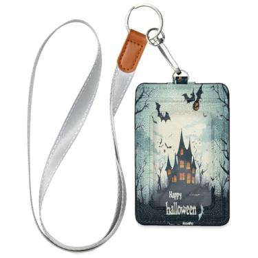 Imagem de Wassud Porta-crachá de couro PU House Flying Bats com cordão, porta-cartão de identificação para trabalho, cordão de pescoço com compartimentos para cartões de crédito, funcionários, estudantes, 39,9