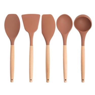 Imagem de Conjunto de 5 utensílios de cozinha - Espátula e colher de silicone com cabos de madeira antiderrapantes, resistentes ao calor (TERRACOTA)