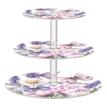 Imagem de CEBUGI Suporte de cupcake de 3 camadas, borboletas e flores, suporte redondo para bolo, torre, bandeja de servir em camadas de acrílico para chá, chá de bebê, casamento e mais