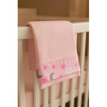 Imagem de Jogo de Lençol 2 Pçs Simples com Elástico Para Berço Americano Céu Malha com Ponto Palito e Barrado Rosa Bebê