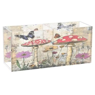 Imagem de Burbuja Porta-canetas de acrílico para campo de flores de cogumelo, 4 compartimentos, suporte de lápis transparente para pincel de maquiagem estacionário, acessórios de mesa de escritório em casa