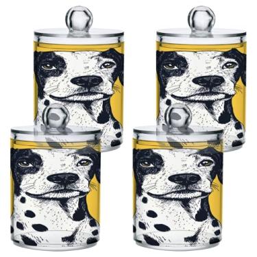 Imagem de STAYTOP 2 frascos de boticário para cães manchados de fundo amarelo com etiquetas – Recipiente de armazenamento de plástico transparente para bolas de algodão, cotonete, grão de café