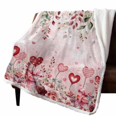 Imagem de Cobertores de lã de lã de ovelha para o dia dos namorados, rosa, rosa, coração, flanela, presente, folhas de eucalipto, macio, aconchegante, quente, reversível, cobertor de pelúcia fofo e mantas para