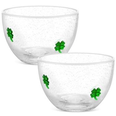 Imagem de Potchen Conjunto de 2 tigelas de lanche de trevo de Dia de São Patrício, 400 ml, de vidro transparente, com design de trevo verde, tigelas de servir, presentes para decoração de mesa de lembrancinhas