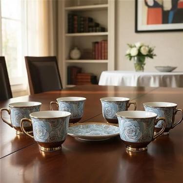 Imagem de Xícara de café kit com 12 peças de Cerâmica e porcelana kit xicaras com pires(Xicara de flor Azul)