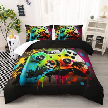 Imagem de AILONEN Jogo de cama solteiro para gamer, controle de videogame, graffiti, hip hop, controle de videogame, gamepad, edredom com 2 fronhas, 3 peças