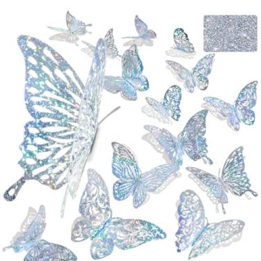 Imagem de Pacote com 60 decoração de parede borboleta de lantejoulas 3D – Adesivos decorativos reutilizáveis autoadesivos em prata brilho holográfico para quartos infantis, quartos, festas e mais