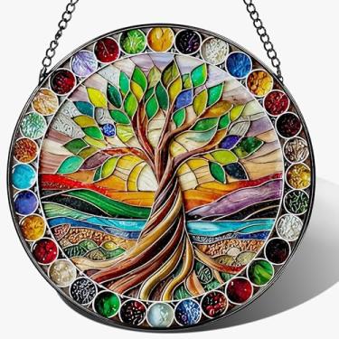 Imagem de Captador de sol colorido e enfeite de árvore da vida de 20 cm – Vitral para pendurar e decoração, apanhadores de sol para janelas internas, presentes para mulheres, presentes para Natal, presente de