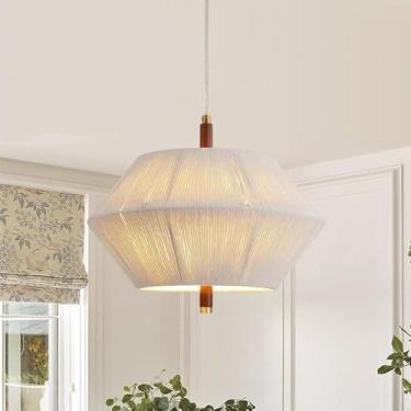 Imagem de Luminária moderna estilo fazenda, lustre pendente estilo boêmio, luminária de teto para sala de jantar, luminária suspensa feita à mão com cúpula de corda de algodão, luminária de teto rústi