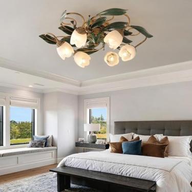 Imagem de Luminária de teto retrô em ferro bronze antigo, com cúpula de vidro em formato de flor, estilo nórdico medieval, soquete E14, ideal para decoração de interiores, sala de jantar, sala de esta