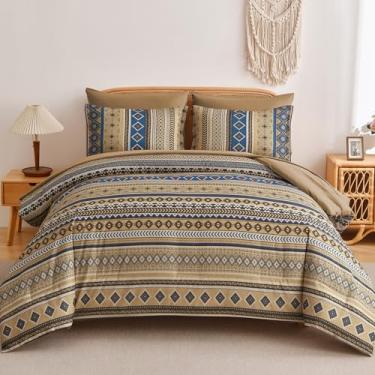 Imagem de Mybedsoul Conjunto de edredom estilo asteca marrom, 7 peças, cama boho, tamanho king, para todas as estações, com lençóis e fronhas, estampa geométrica listrada