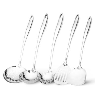 Imagem de Cook And Craft Conjunto de utensílios de cozinha de aço inoxidável – Conjunto de 5 peças de utensílios de cozinha de aço inoxidável inclui espátula, concha, espátula com fenda, servidor de espaguete e