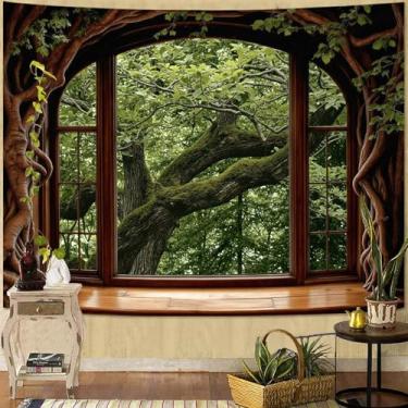Imagem de Lifeella Tapeçaria de janela florestal, cenário de parede de árvore ao ar livre, mural grande de cena de floresta para quarto, sala de estar, escritório, decoração, verde, 91,4 x 122 cm