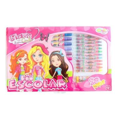 Imagem de Maleta Kit Escolar com 98 Peças, Canetinhas, Lápis de Cor, Giz de Cera, Aquarela, Tesoura, Apontador, 35x22cm, Atóxico, 4+ Anos
