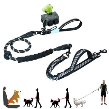 Imagem de Tiesenci Coleira resistente que não puxa para cães – elástico absorvente de choque e sem emaranhados com pontos refletivos, alças acolchoadas e suporte de bolsa de cocô para cães médios e grandes