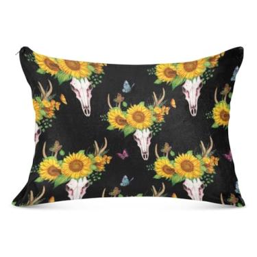 Imagem de Fronhas decorativas pretas de caveiras de veado girassóis com zíper King Queen tamanho padrão fronhas de travesseiro de corpo divertido, tamanho Queen, 50,8 cm x 76,2 cm