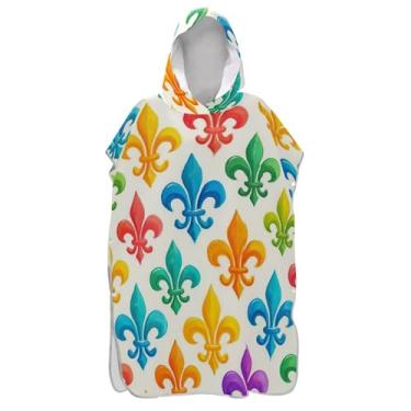 Imagem de Roupão para adultos, poncho de surfe, com capuz, toalha de natação, bonito, vestível, masculino, feminino, poncho com capuz, colorido, flor de lis, branco