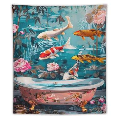 Imagem de Tapeçaria de banheiro japonesa Koi Peixe Colorido Zen Pond Wall Hanging Floral Banheira Arte Boho Spa Decor Para Banheiro Chuveiro Relaxante Estilo Asiático Decoração de Parede Casa 50 x 60 Tapeçaria