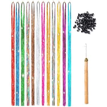 Imagem de Sedfzo Kit de extensões de glitter de tinsel para cabelo – cabelo brilhante de fada com ferramentas para festa de baile, fácil de instalar (119 cm, 12 cores, 2000 fios)