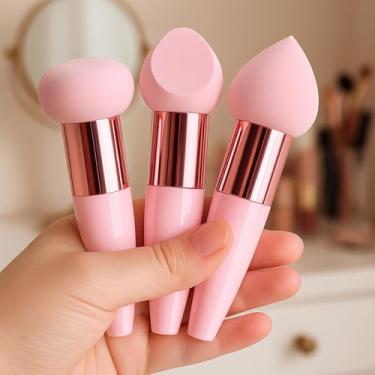 Imagem de 3 esponjas de maquiagem com alça, conjunto de esponjas cosméticas rosa, aplicadores de esponja de liquidificador de maquiagem úmida e seca para base, corretivo, pó, creme, aderência antiderrapante
