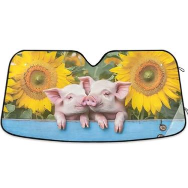 Imagem de Guarda-sol engraçado personalizado porco girassol para para-brisa de carro capa de para-brisa automotiva dobrável universal protetor solar floral L, 144,8 cm x 80 cm