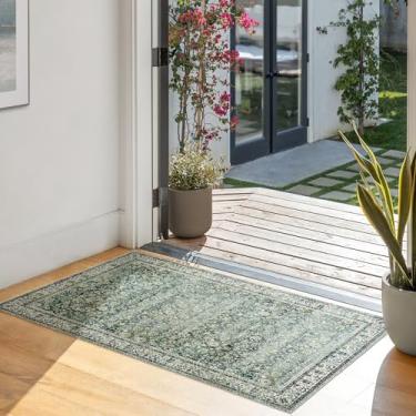 Imagem de Tapetes de cozinha antiderrapantes laváveis boho vintage floral Natal estilo casa de fazenda tapete de área pequena para banheiro pia banho entrada interior, 2x3, verde escuro