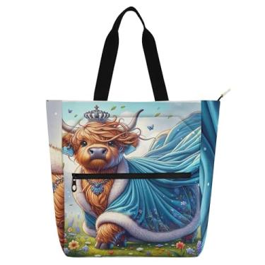 Imagem de GAIGEO Linda bolsa de trabalho de vaca Highland engraçada para mulheres de lona e praia com zíper bolsas carteiro amantes de livros