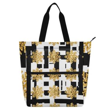 Imagem de GAIGEO Bolsa de trabalho feminina preta e branca com flocos de neve sacola de lona com zíper bolsa de praia utilitária para crianças amantes de livros