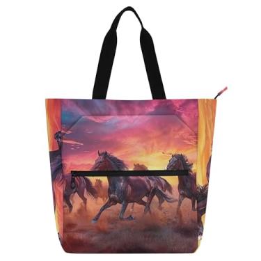 Imagem de Bolsas de trabalho femininas para pintura cavalos correndo, pôr do sol, bolsa escolar de lona, bolsa para livros, bolsas fofas para crianças, presentes para amantes de livros