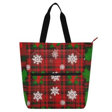 Imagem de GAIGEO Sacola feminina xadrez de Natal vermelha verde tartã para trabalho lona praia livro bolsa zíper reutilizável presente para amantes de livros bolsas