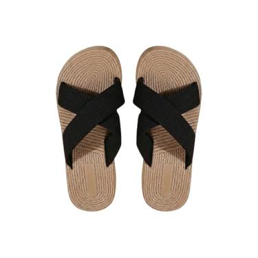 Imagem de OYOANGLE Sandálias femininas com plataforma cruzada e plataforma deslizante para férias na praia, caminhada ao ar livre, Preto, 36