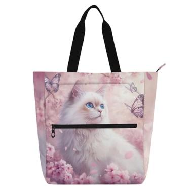 Imagem de GAIGEO Bolsa feminina com estampa de flor de cerejeira Ragdoll para mulheres, crianças, trabalho, escola, professor, floral, zíper