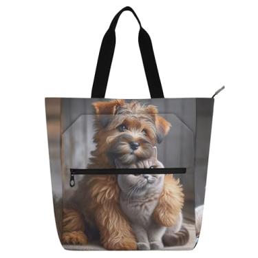 Imagem de GAIGEO Bolsa feminina Terrier Dog Kitten Cat para trabalho, lona, escola, bolsa para professores, amantes de livros