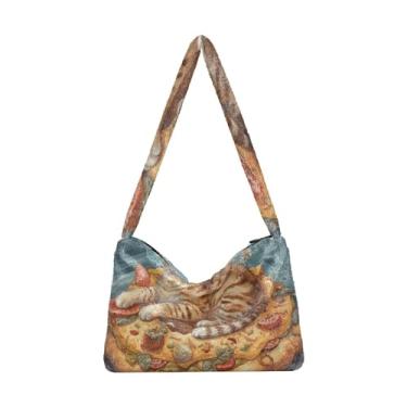 Imagem de GAIGEO Cat Butterfly Ears in Backlight Forest Bolsas de ombro femininas, bolsas de ombro femininas, bolsa feminina para uso ao ar livre, Gato deitado em uma deliciosa pizza flutuante, One Size