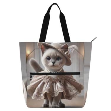 Imagem de Sacola feminina gatinha siamesa fofa para trabalho, lona, bolsa de tecido, faculdade, escola, uso diário, presente para amantes de livros